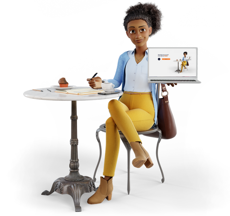 Avidia Character sitting at a table holding a laptop
