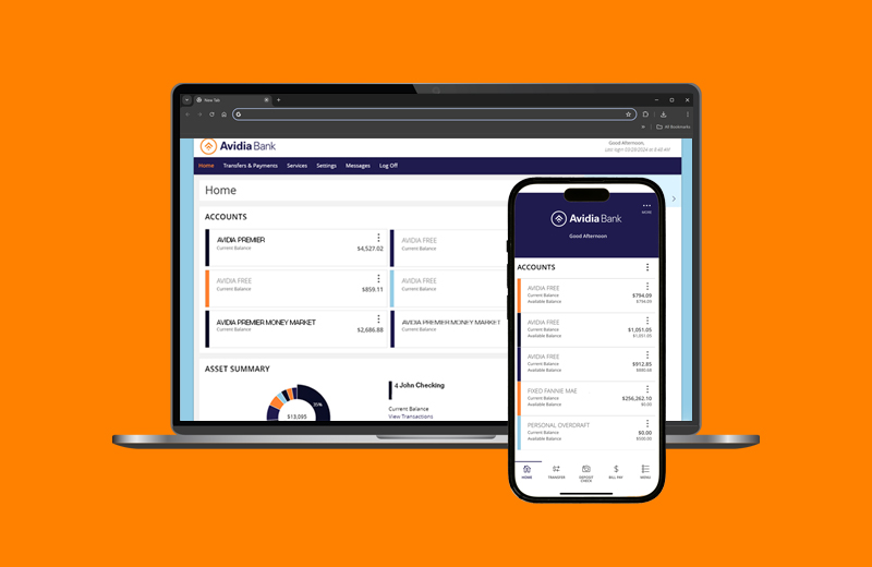 preview of avidia bank new digital banking platform on a laptop and mobile app on a phone